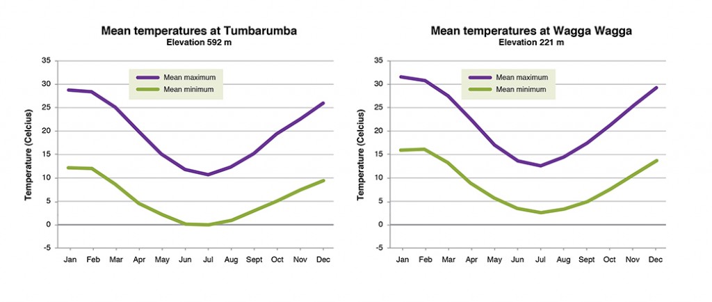 Mean monthly maximum and minimum temperatures at Tumbarumba and Wagga Wagga 