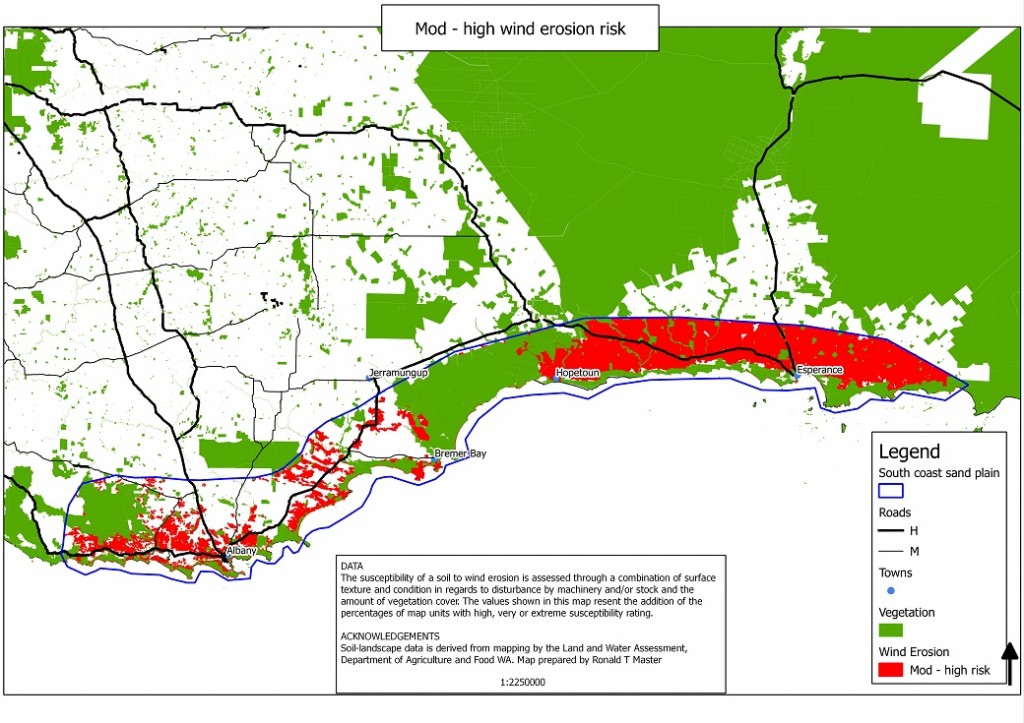 Areas at moderate – extreme risk of wind erosion.