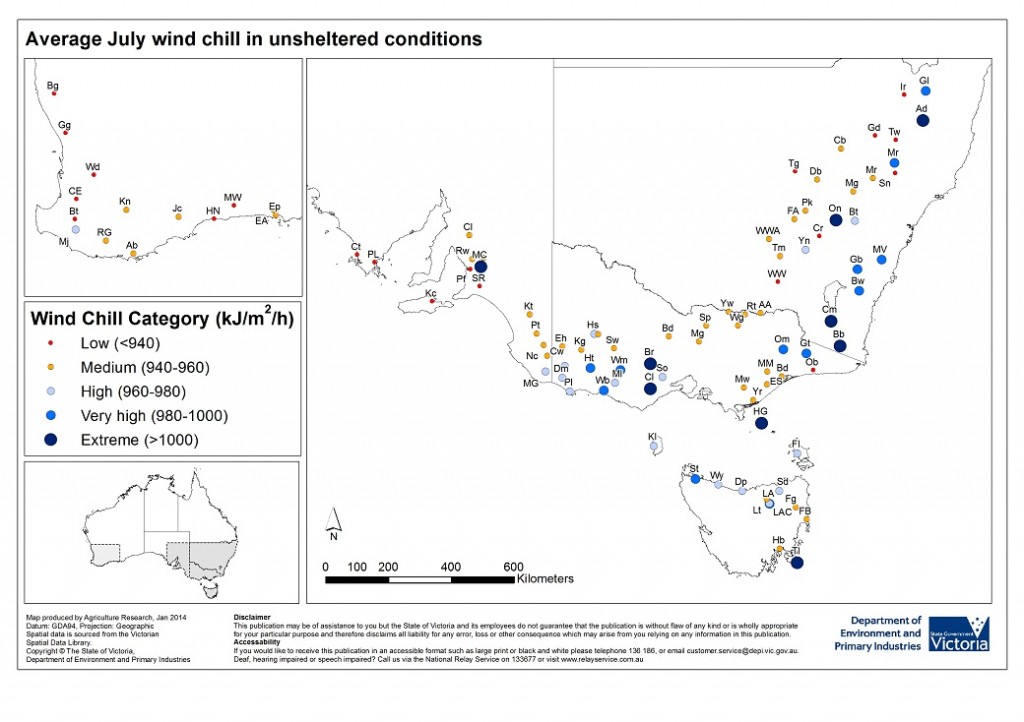 Figure 10. Chill categories for July lambing in southern Australia, calculated from hourly data for wind speed, temperature and rainfall from the Bureau of Meteorology.  The 2-letter station codes refer to stations in the Excel tool.