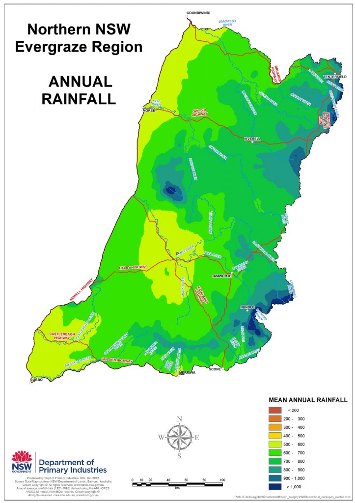 Figure 1. Mean annual rainfall for the Northern NSW EverGraze region.