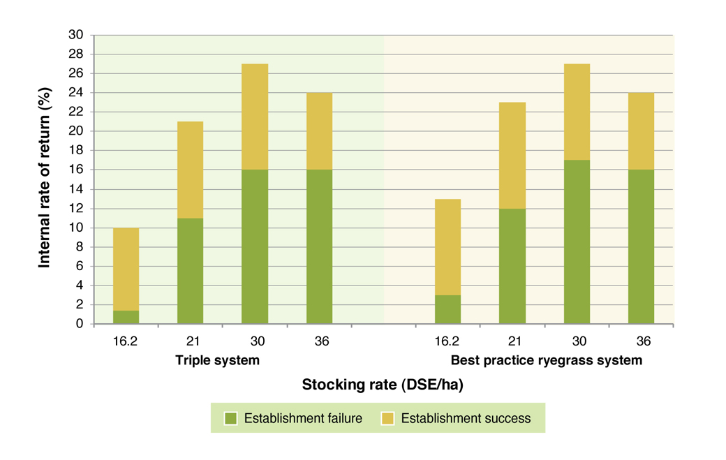 Internal rate of return (%) results of the two EverGraze pasture systems adapted to 10% of a representative farm. Results calculated for 100 hectares over a 12 year period at four stocking rates with establishment success and with establishment failure. Medium term prices and costs assumed.