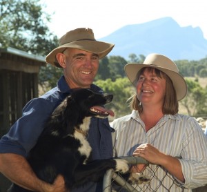 Craig and Woody Oliver with their dog Indy. The Oliver’s integrated summer active herbs into their phalaris pasture systems at Dunkeld.