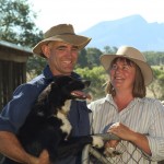 Craig and Woody Oliver with their dog Indy. The Oliver’s integrated summer active herbs into their phalaris pasture systems at Dunkeld.