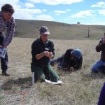 Mark McKew watches on as Julie Andrew (DEPI Ararat) identifies native grasses and discusses control of onion grass at the Warrak Supporting Site