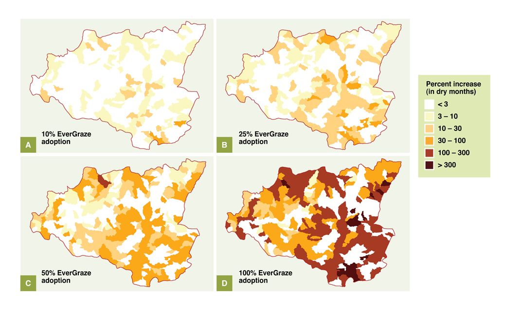 Figure 11. Wannon catchment (1957-2009): Percentage increase in months where dams are dry resulting from a) 10% Triple system, b) 25% Triple system, c) 50% Triple system, and d) 100% Triple system