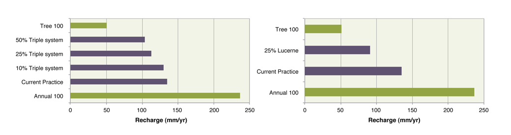 Figure 9 Comparison of recharge (mm/year) for each scenario on Redgum Country