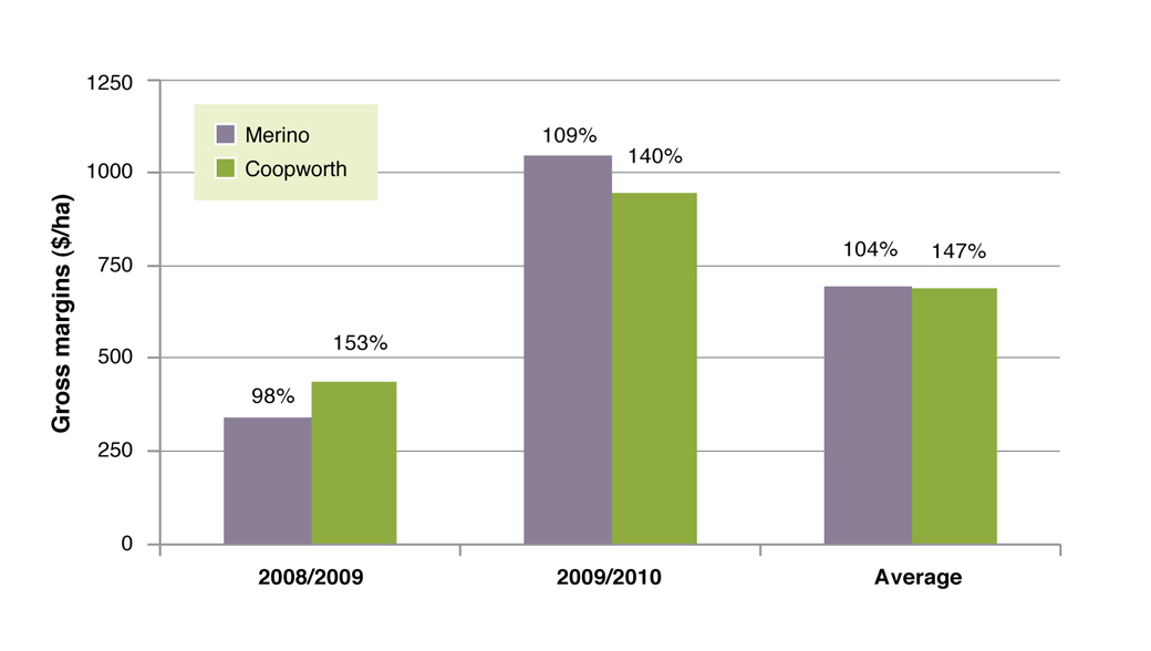 Figure 1: Gross margins for Coopworth/composite system compared to Merino terminal from 2008-2010. Figures are weaning percentages (lambs weaned per pregnant ewe lambed).