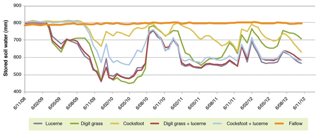 Figure 10. Stored soil water of pure swards and mixtures showing that through time, mixtures appeared very simlar to pure lucerne alone.