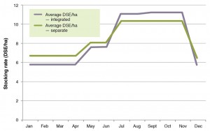 Figure 6. Monthly stocking rate on the Integrated and Separate treatments at average annual stocking rate 8 DSE/ha, lambing 120% in July and selling lambs at the end of November.