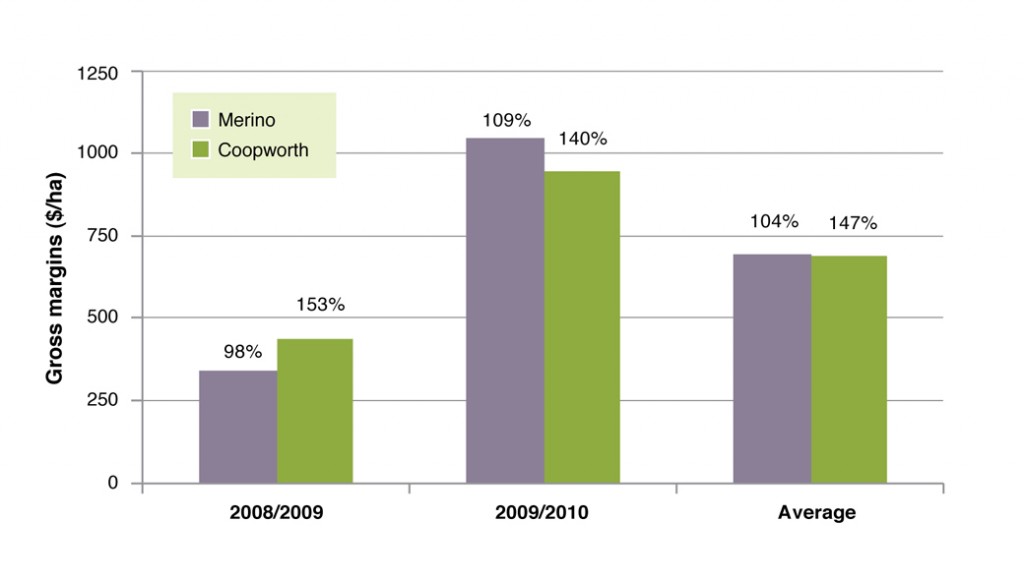 Figure 3. Gross margins for Coopworth/composite system compared to Merino terminal from 2008-2010. Figures are weaning percentages (lambs weaned per pregnant ewe lambed).