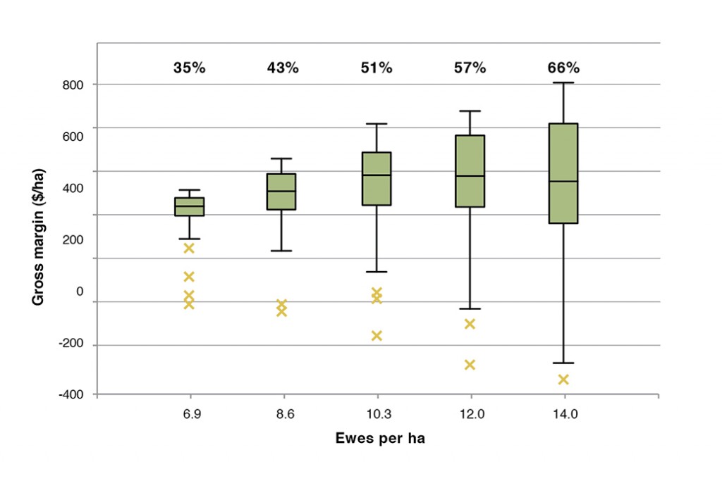 Figure 2. Boxplots of gross margins ($/ha) at different stocking rates for the September lambing Merino x Terminal system with 20% lucerne area at Wagga Wagga Proof Site (near Tarcutta). Boxplots represent median, range and inter-quartile range, x indicates outliers. The percentages above the box plots indicate pasture utilisation.