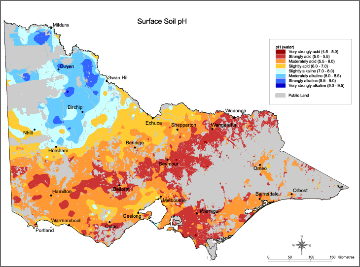 Figure 1: Surface soil pH across Victoria. (Source: Victorian Resources Online http://vro.depi.vic.gov.au)