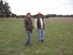 Gary McLarty and Chris Aldridge looking at Paddock 3, the autumn 2010 sown  phalaris, in June 2011.