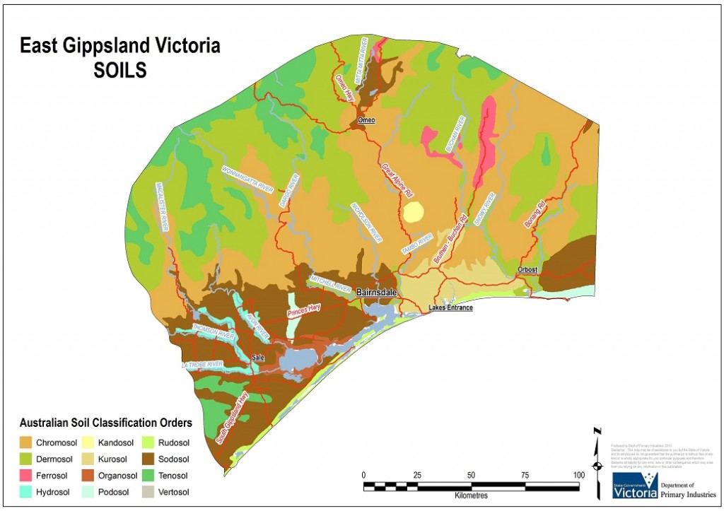 East Gippsland soils classified by the Australian Soil Classification (Source: Department of Primary Industries Victoria)