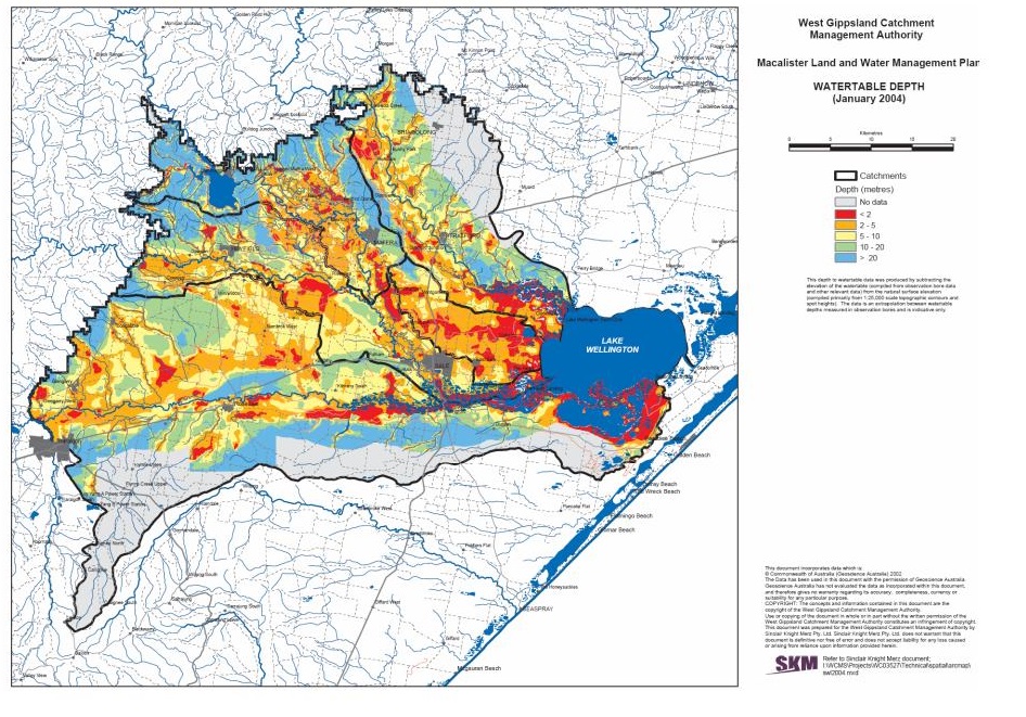 Depth to watertable across the West Gippsland Catchment Management Authority plan area
